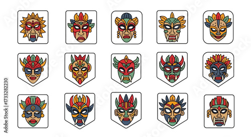 Collection of ancient tribal masks vector icon illustrations.