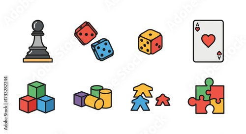 Vibrant line art icons of board game, puzzle elements chess pawn, dice, playing card, building blocks, meeples. Ideal for leisure, strategy, entertainment designs