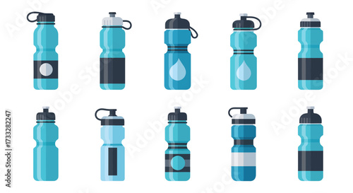 collection of various blue and black water bottles on white background