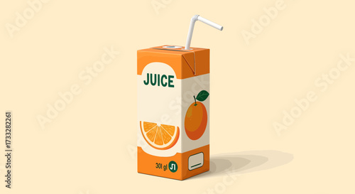 Refreshing orange juice carton with a straw, depicted in a bright, clean illustration. This isolated graphic symbolizes a healthy, convenient fruit beverage, perfect for a quick drink