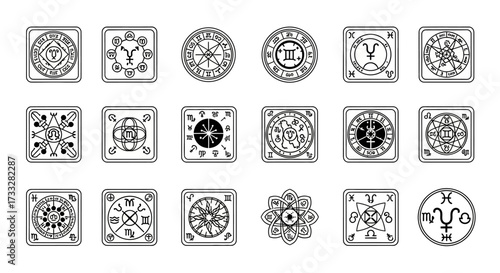 Collection of Astrological and Alchemical Symbols in Detailed Line Art.