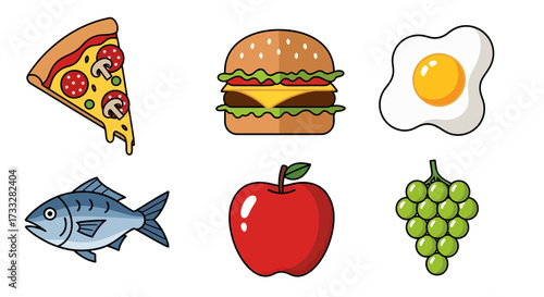 Diverse culinary collection featuring various meal ingredients and snack options, perfect for illustrating diet and nutrition concepts in a fun, graphic style