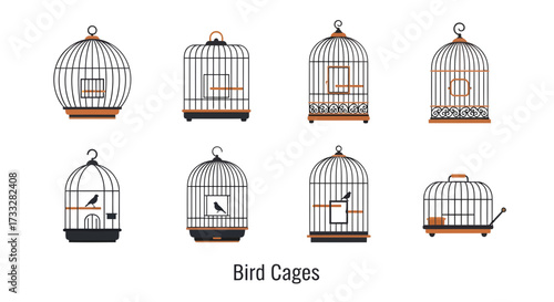Assortment of Stylized Bird Cage Illustrations, Featuring Diverse Enclosure Designs and Intricate Structural Elements, Perfect for Avian Art and Decorative Pet Concepts