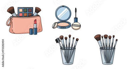Comprehensive set of beauty and makeup essentials, featuring various cosmetic brushes, an eyeshadow palette, lipstick, mascara, and face powder for diverse application needs