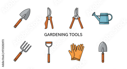 Collection of essential gardening tools for planting and cultivation, including trowel, pruners, fork, and watering can
