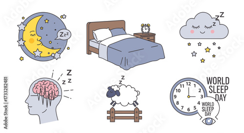 Vector icons for sleep wellness bedtime essentials, dream symbols, brain activity, and global sleep awareness for health campaigns and graphic design projects