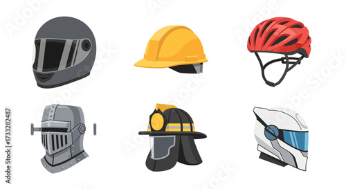Illustrated set of diverse safety helmets for various purposes motorcycle, bicycle, construction, firefighter, medieval, and futuristic headwear