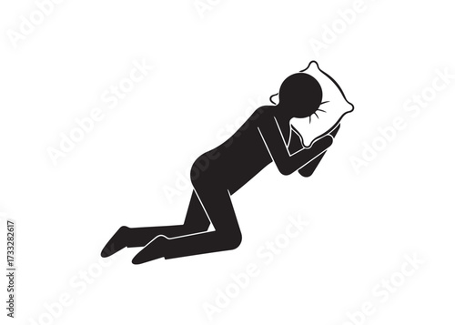 Stick figure man sleeping on pillow isolated on white background