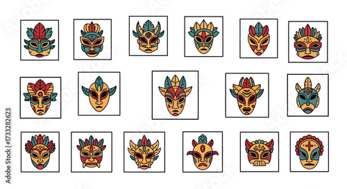 Collection of Colorful Tribal Masks.