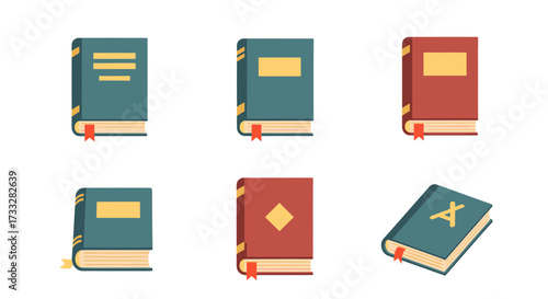 Flat design book icons set, featuring diverse colorful closed volumes with bookmarks, ideal for educational content, e-learning platforms, digital libraries, and reading applications
