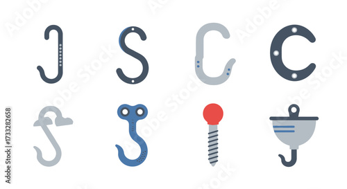 A versatile collection of flat design vector icons showcasing various hooks, screws, and industrial fasteners, perfect for hardware, crafting, utility, and graphic design projects