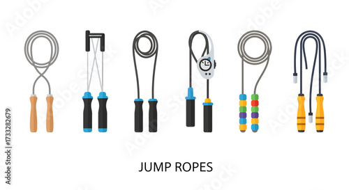 Diverse collection of jump ropes for fitness and athletic training, showcasing various designs and materials for comprehensive workouts and cardio exercise
