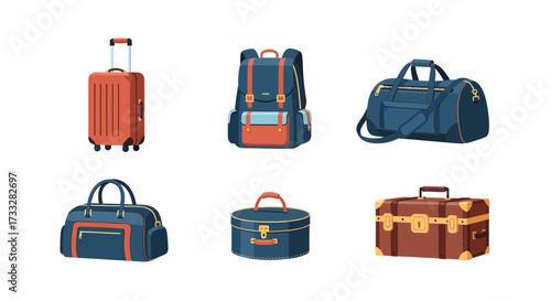 A versatile collection of illustrated luggage and travel bags, featuring wheeled suitcases, backpacks, duffel bags, and vintage trunks, perfect for diverse journeys and personal belongings