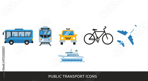 Modern flat design vector icons showcasing diverse transportation modes bus, train, taxi, bicycle, airplane, and ship, representing global travel and urban mobility