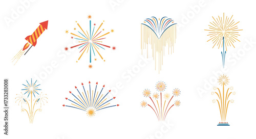 Vibrant collection of festive fireworks illustrations, perfect for celebrating holidays, events, and special occasions with colorful explosive displays, dazzling light patterns, and celebratory bursts