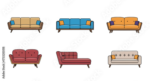 Diverse vector illustrations of modern and classic sofa designs, showcasing various comfortable seating styles and colors, ideal for home interior decor and living room