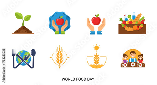 Vector icons illustrating healthy food, sustainable agriculture, global food security, and community meals for nutrition awareness campaigns
