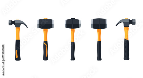 Vector illustration set of diverse hammers, including claw and sledge types, featuring black heads and vibrant orange handles, ideal for various construction and DIY projects