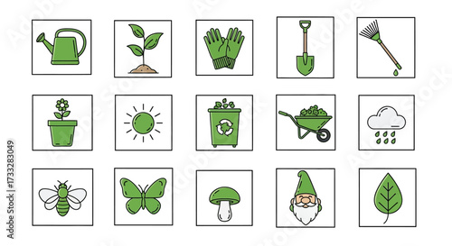 Collection of Garden Icons and Symbols for Spring and Summer Activities.