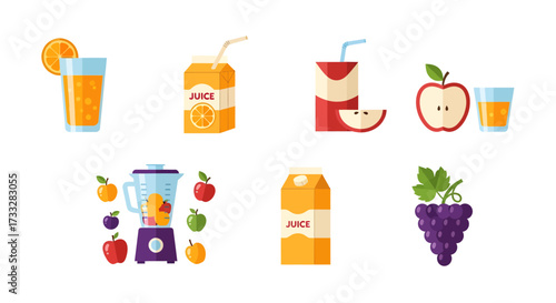 Vibrant Set of Fruit Juice Illustrations, Featuring Fresh Produce, Ready-to-Drink Beverages, and Blender Elements for Healthy Drink Preparation