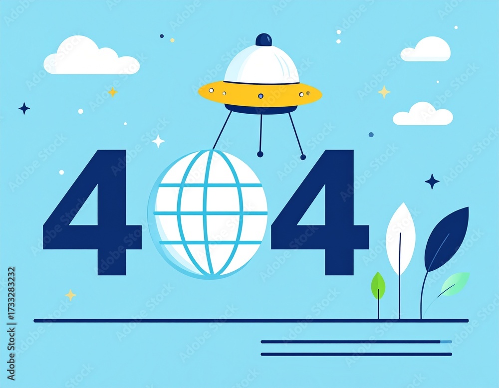 Naklejka premium A 404 error page illustration featuring a UFO abducting a wireframe globe from the sky.
