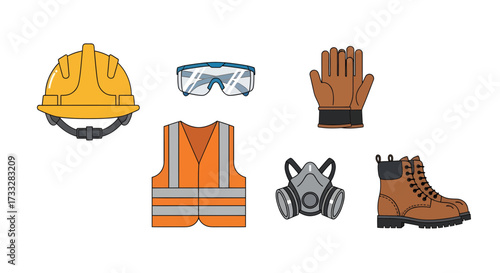 Essential workplace safety equipment set hard hat, vest, glasses, gloves, respirator, boots. Vital personal protective gear for industrial and construction work