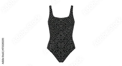 Elegant black one-piece swimsuit with intricate white abstract patterns, perfect for stylish beach holidays, luxurious resort wear, and sophisticated poolside fashion