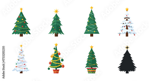 A diverse collection of festive holiday trees, beautifully illustrated with various decorations and styles, perfect for seasonal designs and winter celebrations