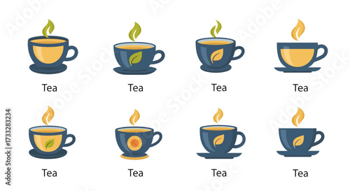 A Diverse Collection of Stylized Tea Cup Icons Featuring Various Designs and Colors Perfect for Cafe Menus, Digital Applications, and Beverage-Themed Graphic Projects