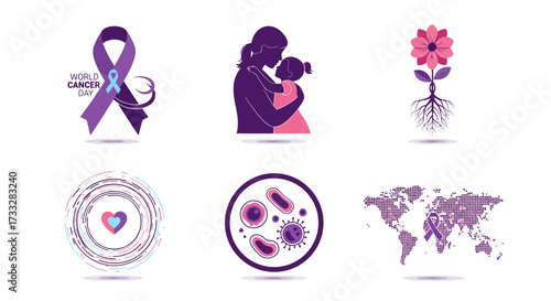 Diverse Health Awareness and Medical Icon Set Illustrating Global Public Health Initiatives, Disease Research, Community Support, and Compassionate Care