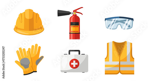 Essential workplace safety equipment icons hard hat, fire extinguisher, safety glasses, work gloves, first aid kit, and high-visibility vest
