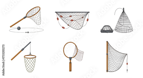 Diverse assortment of fishing, landing, and insect nets presented as detailed illustrations, highlighting essential equipment for aquatic adventures, sport, and ecological study