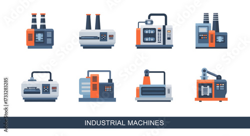 Comprehensive collection of modern industrial machines and factory equipment illustrations for manufacturing automation and production line processes