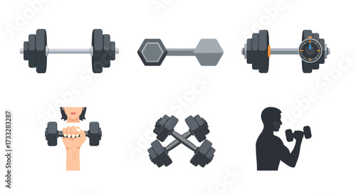 Diverse Collection of Flat Design Dumbbell Icons for Fitness and Strength Training Concepts and Workout Routines