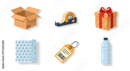 Vector icons for packaging and shipping. Includes a box, tape, gift, bubble wrap, product label, and bottle. Ideal for e-commerce, delivery, and logistics design