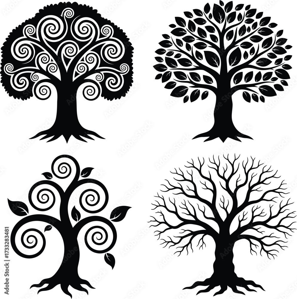 Obraz premium Set of Decorative Tree Silhouettes with Swirls and Branches