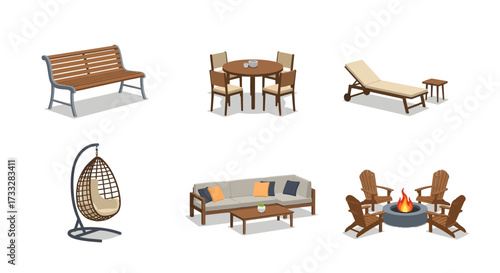Diverse collection of outdoor furniture for comfortable patio, garden, and backyard living, featuring stylish seating, dining, and relaxation options