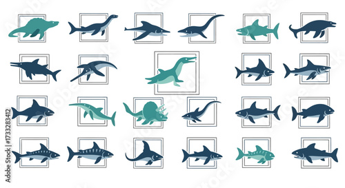 Collection of Marine Reptiles and Sharks in Square Frames.