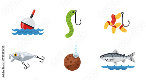 Essential fishing equipment vector icons set bobber, worms on hooks, fishing lure, groundbait, fish. Illustrates angling hobbies and outdoor projects