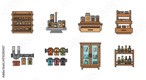 Stylish flat design illustrations depicting various kitchen storage solutions for spices, herbs, and cooking ingredients, perfect for organizing your culinary space