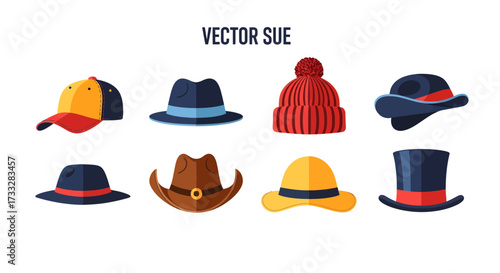 Stylish flat vector illustrations of diverse headwear. Includes baseball caps, fedoras, beanies, cowboy hats, and top hats, ideal for fashion and graphic design projects