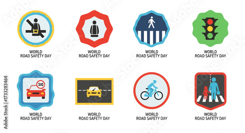 Diverse collection of vibrant road safety icons illustrating essential traffic regulations and protective measures for drivers, pedestrians, and cyclists to promote public awareness on safer journeys