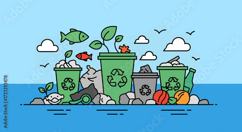 Colorful Line Art Illustration of Eco-Friendly Waste Segregation and Recycling Bins, Promoting Sustainable Practices for a Greener Environment and Planet