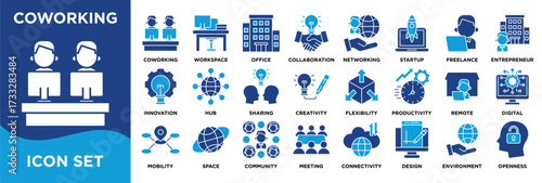 coworking icon collection set. Containing coworking, workspace, office, collaboration, community, networking and startup icon. solid vector.	
