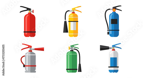 Collection of various types of fire extinguishers, essential safety equipment for emergency fire prevention and control, depicted as clean and modern vector illustrations on a white background
