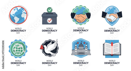 Collection of flat design icons embodying core democratic principles global unity, free elections, peace, justice, governmental structure, and civic participation