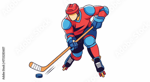 Dynamic inline hockey player in action, stick handling puck with intense focus and athletic grace on roller skates
