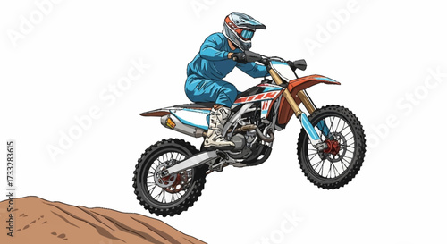 Dynamic motocross rider soars through the air over a dirt jump, showcasing extreme sports thrill and adventure