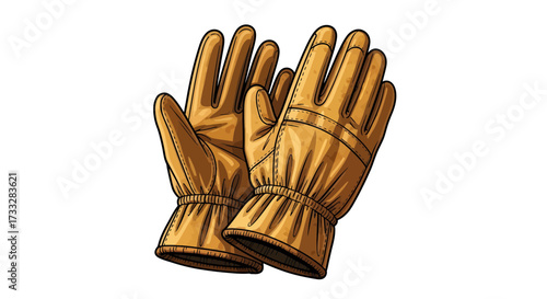 Detailed vector illustration of a sturdy pair of brown leather work gloves, perfect for protecting hands during various manual tasks, hobbies, and professional work