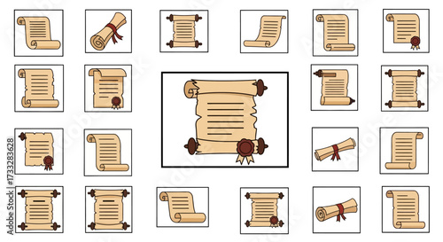 Collection of old scrolls and diplomas with seals and ribbons.